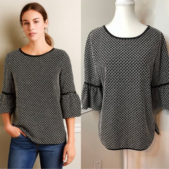 Max Studio Black White Faux Leather Trim Bell Sleeves L - Picture 1 of 13